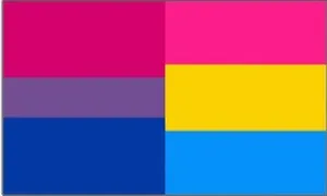 sur la gauche bandes horizontale rose foncé, lavande, bleu foncé. Sur la droite bande horizontale rose clair, jaune, bleu clair.