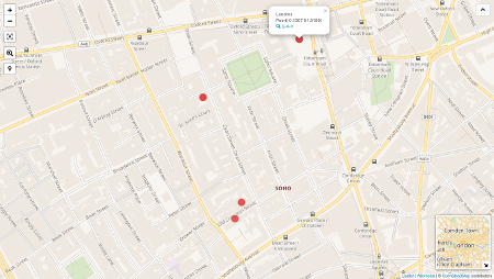 plan de londre, quartier Soho avec 4 points rouge